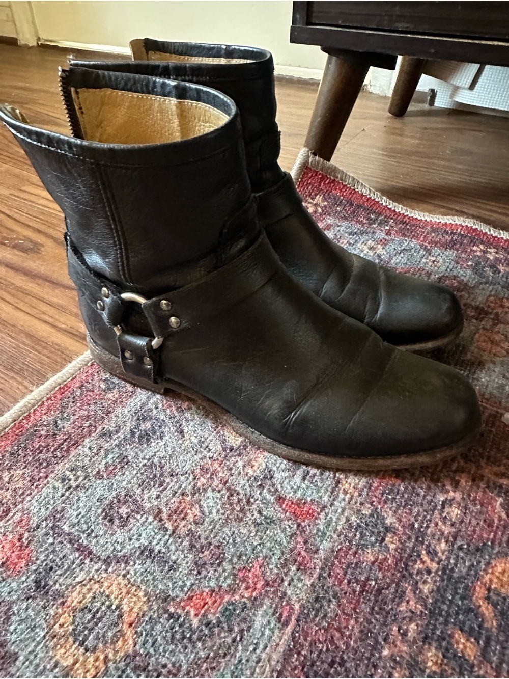 Frye Black Leather Women's Phillip Harness Ankle Boots